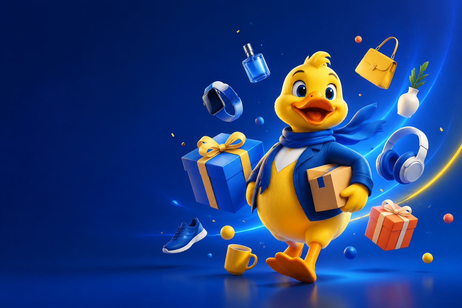Η μασκότ του Happy Duck με δώρα και προϊόντα